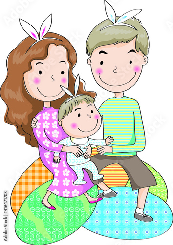 vector cartoon family daddy mommy baby seat on  easter eggs