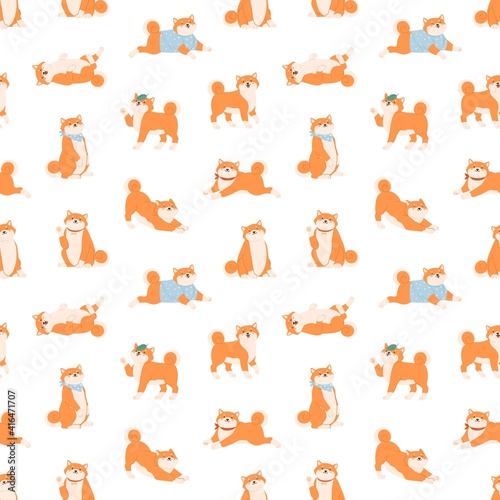 Fototapeta Naklejka Na Ścianę i Meble -  Seamless pattern with funny Shiba Inu dogs in various postures. Endless design with friendly Akita Inu puppies on white background. Colored flat vector illustration of cute Japanese pups