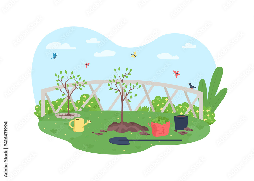 Obraz premium Gardening 2D vector web banner, poster. Horticulture and plant care. Watering stem. Spring yard flat scenery on cartoon background. Tree cultivating printable patch, colorful web element