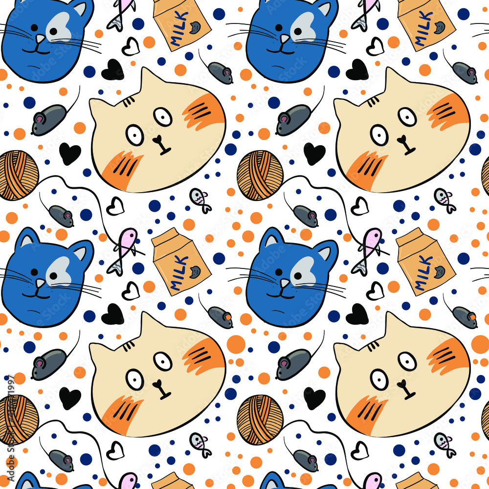 funny cats pattern in sketch style with cats, mouse,fish and dots funny cats pattern in sketch style with cats, mouse,fish and dots