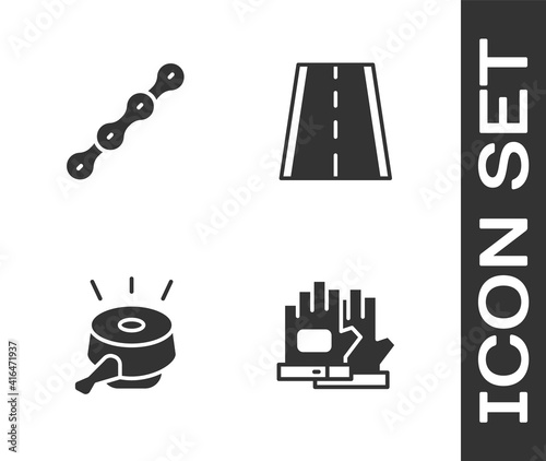 Set Gloves, Bicycle chain, bell and lane icon. Vector.