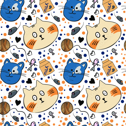 funny cats pattern in sketch style with cats, mouse,fish and dots