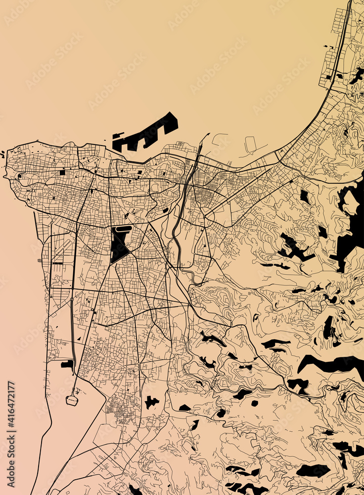 Fototapeta premium Beirut, Lebanon (LBN) - Urban vector city map with parks, rail and roads, highways, minimalist town plan design poster, city center, downtown, transit network, gradient blueprint