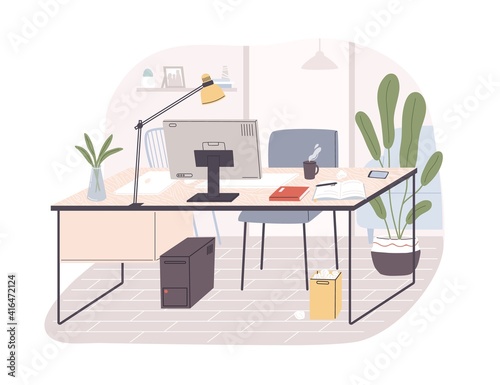 Modern home office interior. Remote workplace with desk, chair, computer and potted plants. Front view of empty working place with furniture. Flat vector illustration isolated on white background