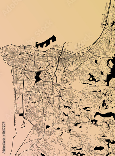 Beirut, Lebanon (LBN) - Urban vector city map with parks, rail and roads, highways, minimalist town plan design poster, city center, downtown, transit network, gradient blueprint