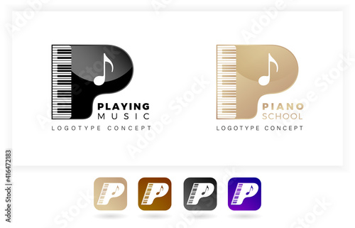Logo letter P its meaning piano school or playing music. with illustration keyboard. two variation colors black and gold with isolated white background. applicable for logo apps, logo school, course.