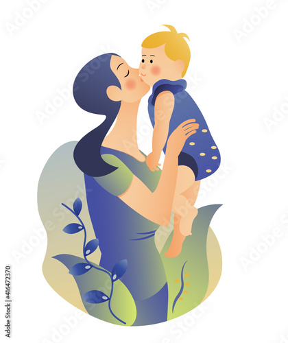 Mother holds a child in her arms  a woman kisses her son  lifts him up and smiles  happy mother and child.Vector illustration.