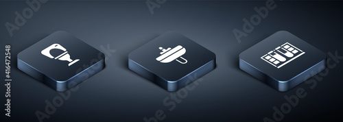 Set Isometric Toilet bowl, Test tube with water drop and Washbasin icon. Vector.