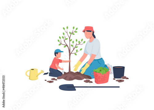 Family planting tree together flat color vector faceless characters. Home yard maintenance. Mom with son. Spring garden work isolated cartoon illustration for web graphic design and animation