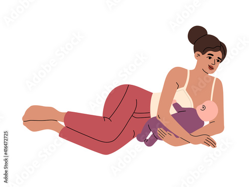 Caring mother holding and nursing newborn child. Woman lying and breastfeeding her infant baby. Lactation and suckling concept, modern illustration in flat cartoon style isolated on white background