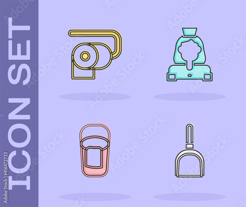 Set Dustpan, Toilet paper roll, Bucket with rag and Cleaning lady service icon. Vector.