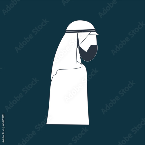 Arab man wearing mask flat design,Arab man with Shumakh flat design, A Saudi man icon wearing shemagh and a thobe