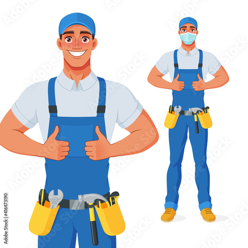 Handyman in overall and tool belt showing thumbs up. Vector cartoon character.