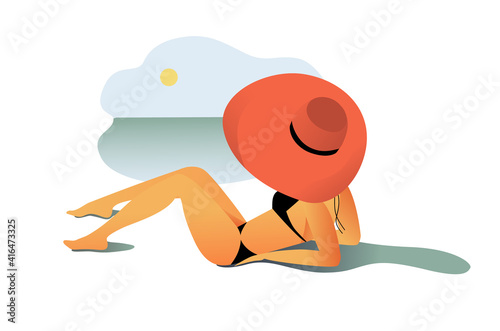 Young girl sunbathes on the beach.Girl having fun looking at the sea, she is dressed in a black bathing suit and a big red hat.Blue sea,bright sun.Summer vacation.Summer concept