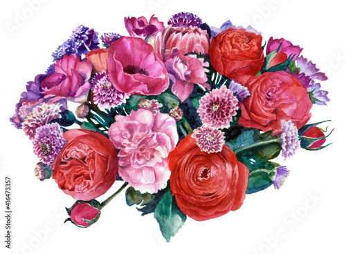 A bouquet of flowers in red and pink, cut out from the background. Watercolor painting