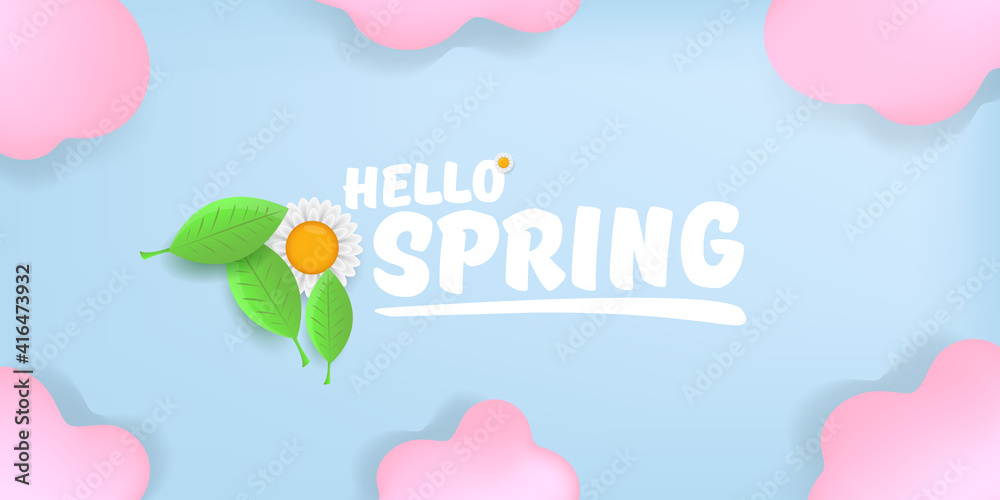 vector hello spring pink horizontal banner with text and flowers on soft blue sky background with pink clouds. hello spring slogan or label isolated on blue background