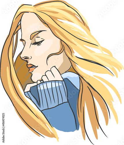 A blonde girl with flying long hair in a blue sweater romantic