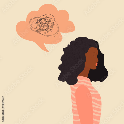 Frustrated sad African woman with nervous problem feel anxiety and confusion of thoughts. Young black woman in a state of depression, confused situation with Mental disorder and chaos. Speech bubble.