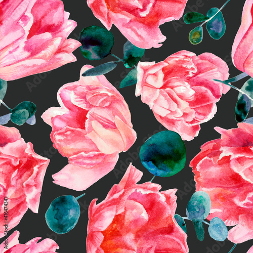 Colorful floral pattern, pink tulips isolated on black background. Watercolor painting