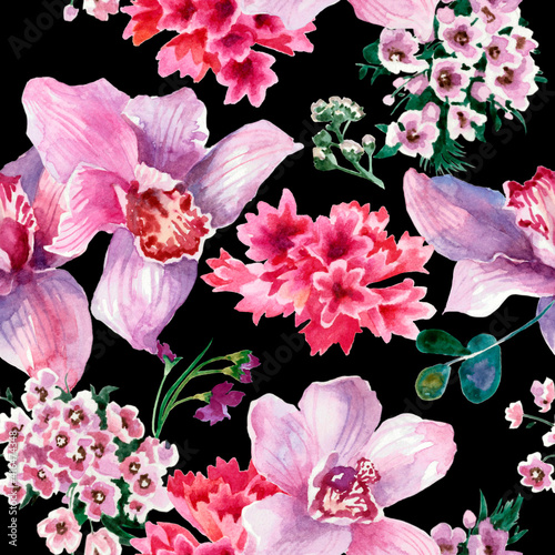 Colorful pattern, pink flowers isolated on black background. Watercolor painting