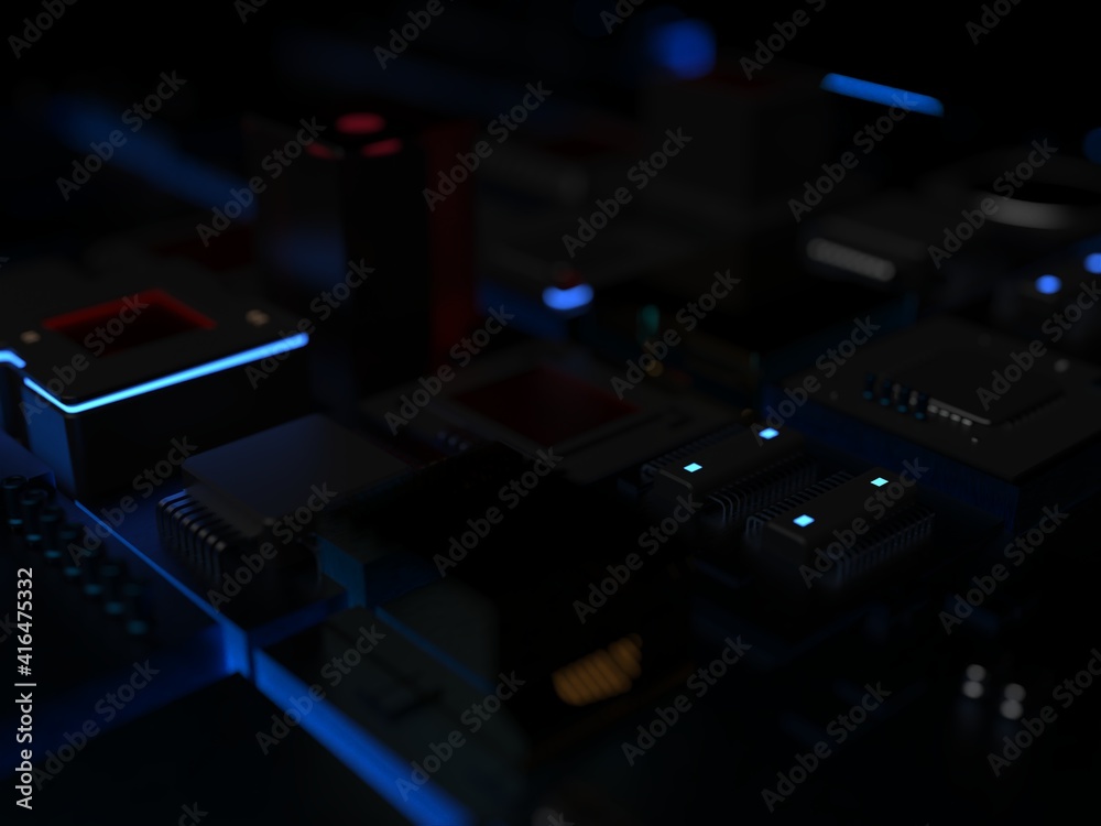computer chips and parts in a bright blue glow. 3D rendering on the theme of computers and large computing technology computer chips and parts in a bright blue glow. 3D rendering on the theme of computers and large computing technology