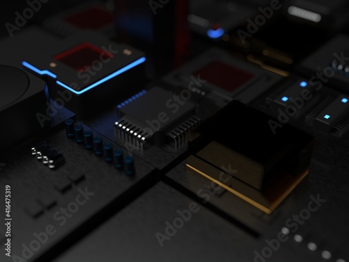details of computer circuit boards close up. 3d render on the topic of computing