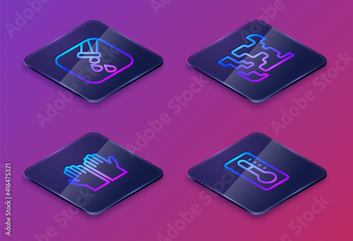 Set Isometric line Test tube and flask, Medical rubber gloves, Gaseous and thermometer. Blue square button. Vector.