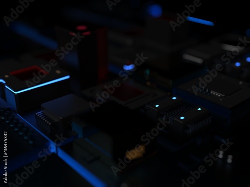 computer chips and parts in a bright blue glow. 3D rendering on the theme of computers and large computing technology