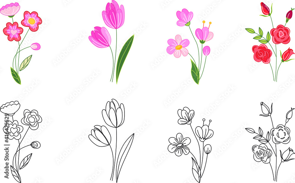 Set with stylized cute childish flowers on white background. Colored and linear black and white version. Illustration can be used for greeting cards and coloring books.
