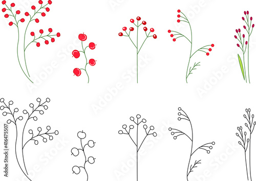 Set with stylized cute childish flowers on white background. Colored and linear black and white version. Illustration can be used for greeting cards and coloring books.