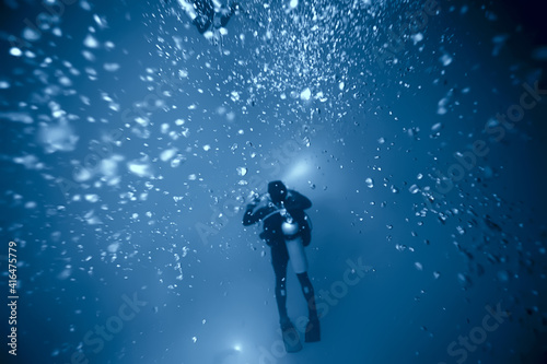 cenote angelita, mexico, cave diving, extreme adventure underwater, landscape under water fog photo