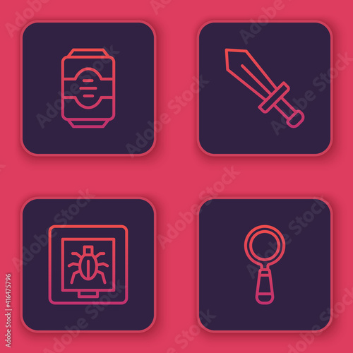 Set line Energy drink, Insects a frame, Sword for game and Magnifying glass. Blue square button. Vector.