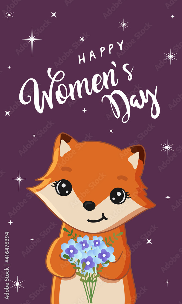 Cute fox holding bouquet. Funny animal. Happy Women's Day.