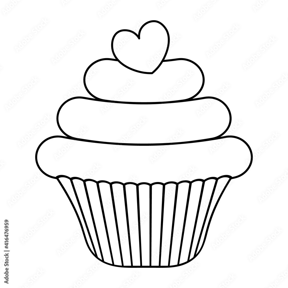 Cupcake in a curly mold. Sketch. Sweet heart dessert decoration. Vector illustration. Coloring book for children. Cake. A romantic treat. Contour on an isolated white background. Doodle style. Cupcake in a curly mold. Sketch. Sweet heart dessert decoration. Vector illustration. Coloring book for children. Cake. A romantic treat. Contour on an isolated white background. Doodle style.