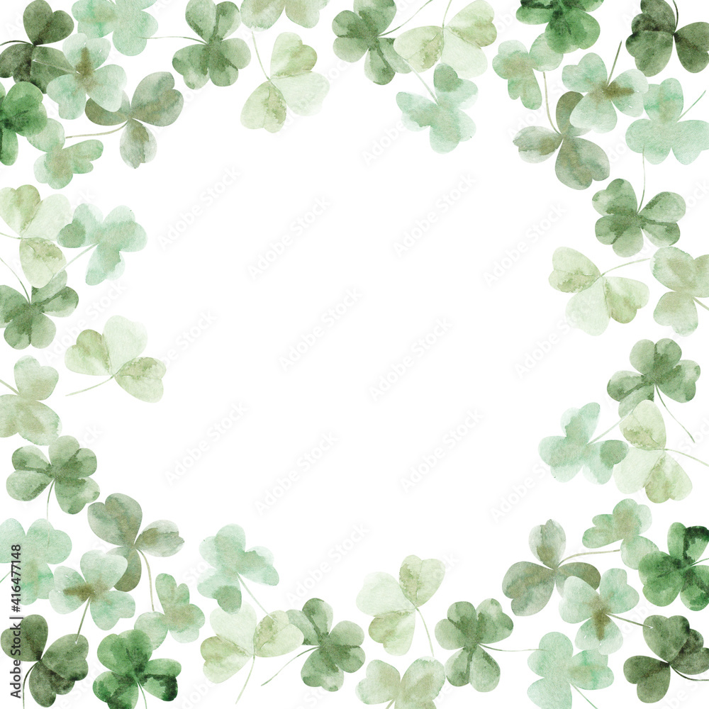 frame with clover. Hand drawn watercolor frame of clover leaves isolated on white background. Suitable for invitations, backgrounds, greeting cards, social media posts