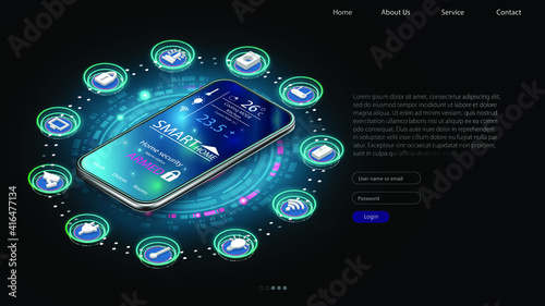 Smart home controlled smartphone. Internet of things technology of home automation system. Small house standing on screen mobile phone and wireless connections with icons home electronics devices. iot