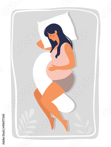 A pregnant woman sleeps on a bed with pillows. Pregnancy health and care. Vector illustration of motherhood isolated on white background.