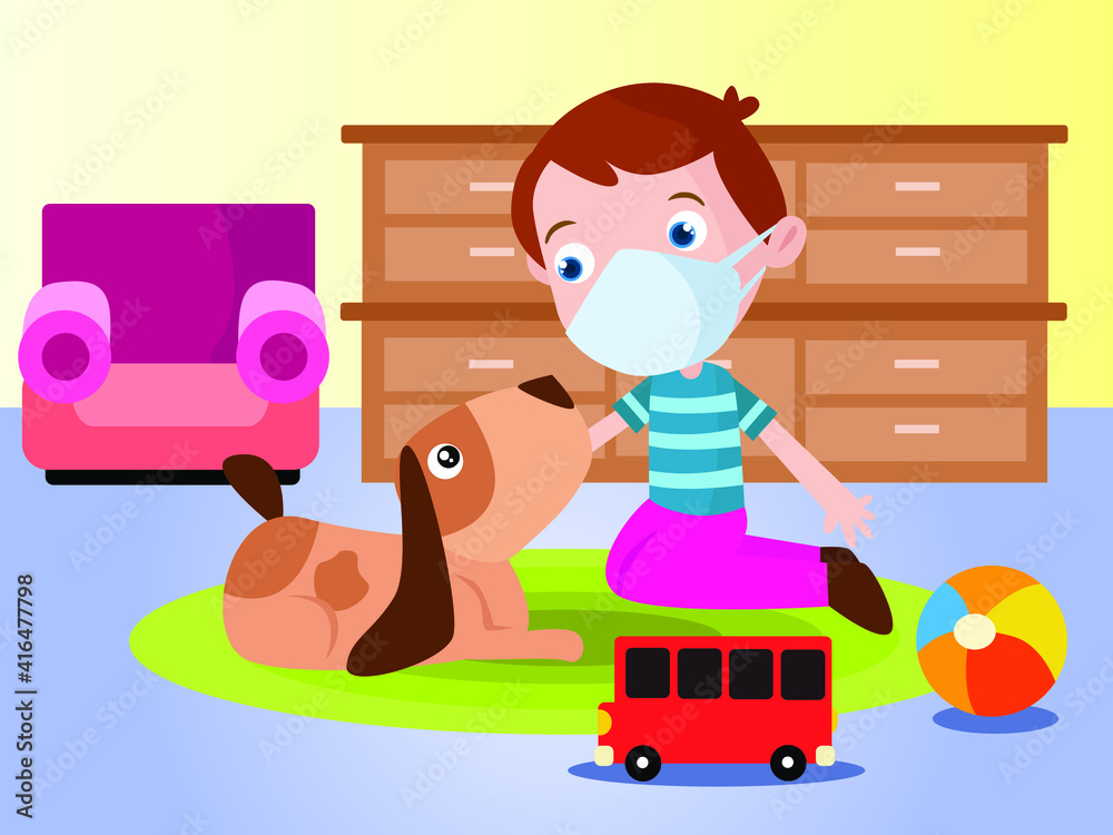 Boy playing at home during pandemic cartoon vector concept for banner, website, illustration, landing page, flyer, etc.
