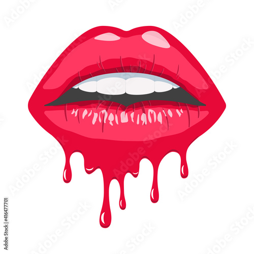 Red dripping female lips. Lipstick drips. Sexy woman mouth.