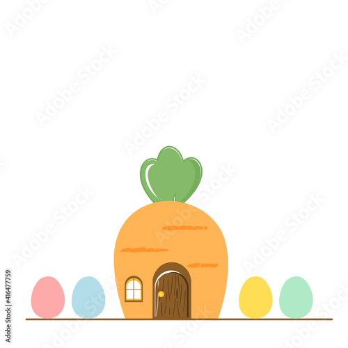 Carrot house and Easter eggs on white background vector illustration.