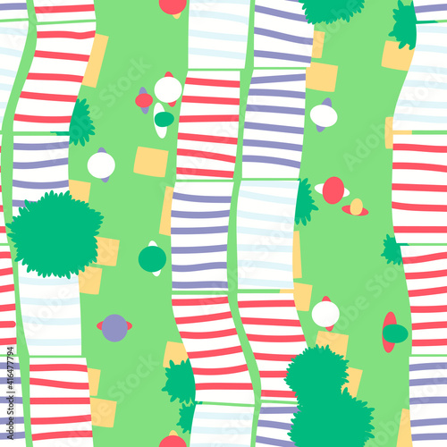 Seamless pattern of market stalls top view. Streets of stalls with customers. Spring-summer season. Flat vector illustration.