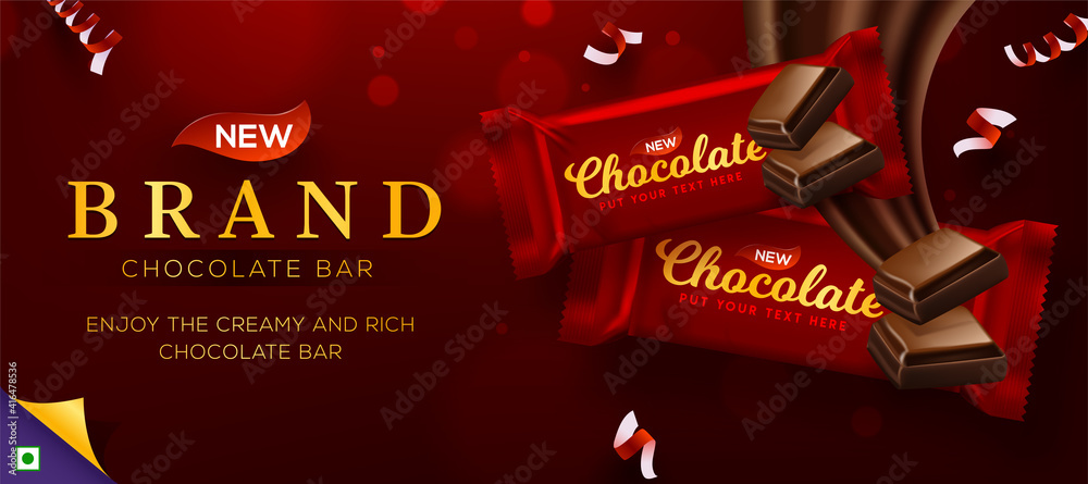 Naklejka premium Premium chocolate ads in 3d illustration with liquid chocolate on bokeh glitter red background