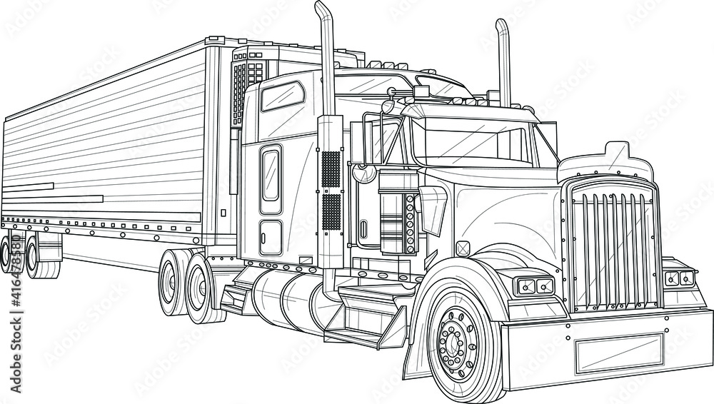 Classic truck car realistic sketch template. Graphic cartoon vector illustration in black and white for games, background, pattern, decor. Coloring paper, page, story book. Print for fabrics - obrazy, fototapety, plakaty 