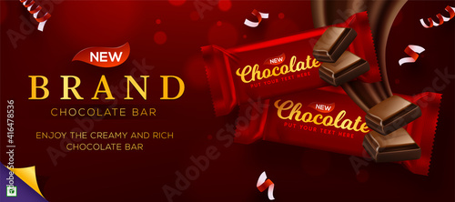 Premium chocolate ads in 3d illustration with liquid chocolate on bokeh glitter red background