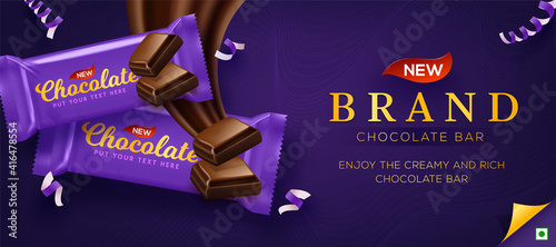 Premium chocolate ads in 3d illustration with liquid chocolate on rich purple background