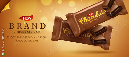 Premium chocolate ads in 3d illustration with liquid chocolate on bokeh glitter background