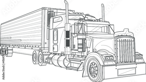 Classic truck car realistic sketch template. Graphic cartoon vector illustration in black and white for games, background, pattern, decor. Coloring paper, page, story book. Print for fabrics