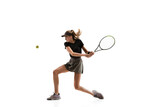 Speed. Young caucasian professional sportswoman playing tennis isolated on white background. Training, practicing in motion, action. Power and energy. Movement, ad, sport, healthy lifestyle concept.