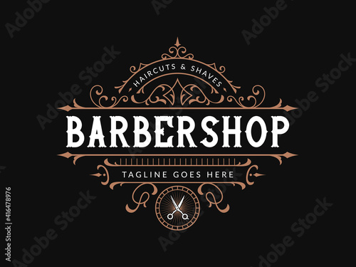 Barbershop vintage lettering logo with ornamental frame