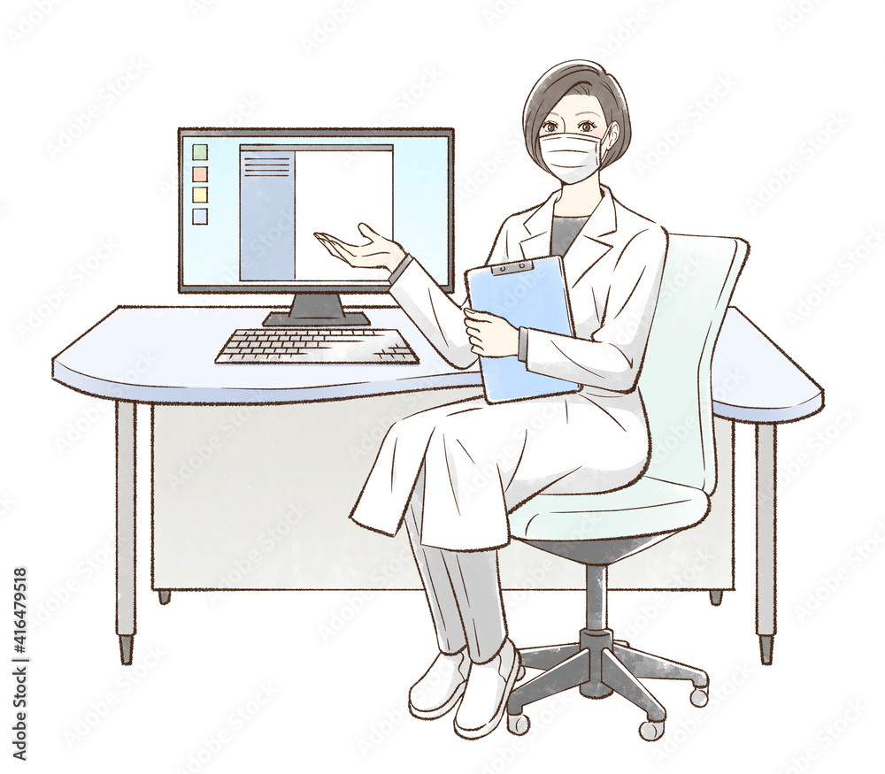 パソコンの前に座って手を差し出すドクター_マスクあり パソコンの前に座って手を差し出すドクター_マスクあり
